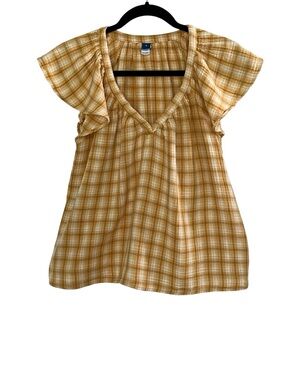 Old Navy Yellow Plaid V-Neck Flutter Sleeve Blouse Cottage Prairie Farm